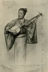 Frau spielt Shamisen, Mentaki-Wasserfälle, Kobe, Japan, 1898