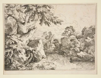 Landschaft mit Teich, umgeben von Felsen und Bäumen