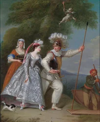 Porträt eines eleganten Herrn als Pierrot in einer Commedia dell’Arte-Interpretation des Raubes der schönen Helena