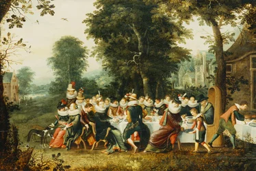 Elegante Figuren an einem Banketttisch in einer bewaldeten Lichtung