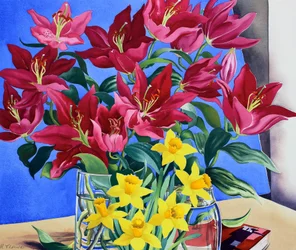 Magenta Lilien und Narzissen