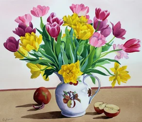 Tulpen im Krug mit Äpfeln