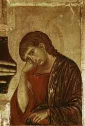 Kruzifix: Detail von Johannes dem Evangelisten (Tempera auf Holz)