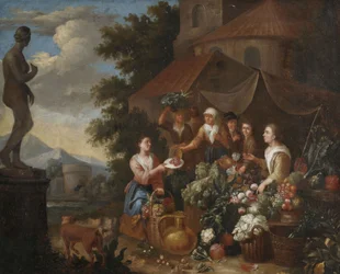 Verkauf von Gemüse und Blumen an einem italienischen Marktstand