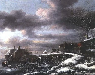 Eine Winterlandschaft mit Figuren in einem Pferdeschlitten