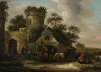 Figuren vor einem Gasthaus an der Stadtmauer im Sommer