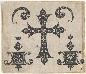Schwarzarbeit-Druck mit einem lateinischen Kreuz und kleinen Motiven
