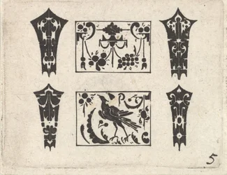 Schwarzarbeit-Druck mit einem symmetrischen Schweifwerk-Muster, ca. 1620