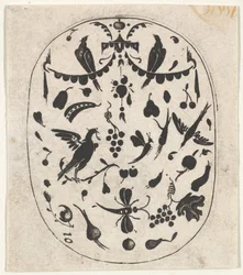 Ovaler Schwarzstickerei-Druck mit Vögeln, Insekten und Früchten, um 1620