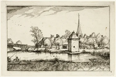 Teich und ein Dorf, Platte fünfzehn nach Bilder von Bauernhöfen, Landhäusern und rustikalen Dörfern