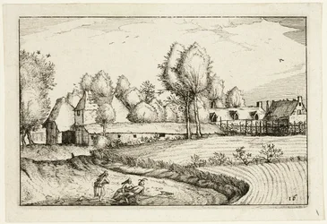 Straße entlang eines Feldes, Platte sechzehn nach Bilder von Bauernhöfen, Landhäusern und rustikalen Dörfern (Praediorum villarum et rusticarum casularum icones)