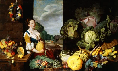 Eine junge Frau an einem Obst- und Gemüsestand