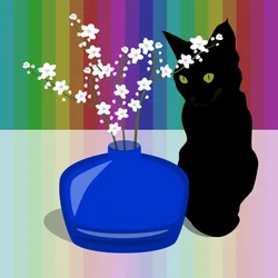 Blaue Glasvase mit Blüte und schwarzer Katze