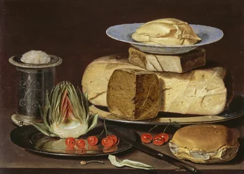 Stillleben mit Käse, Artischocke und Kirschen, um 1625