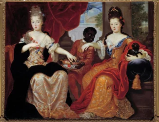 Porträts von Mademoiselle de Blois und Mademoiselle de Nantes, bedient von ihrem Schwarzen Diener. Mademoiselle de Blois (1677-1749), zukünftige Ehefrau von Louis de Bourbon, Mademoiselle de Nantes (1673-1743), zukünftige Herzogin von Orléans.