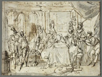 Die Schauspieler machen sich bereit (recto); Studien der Heiligen Familie und Johannes der Täufer (verso)