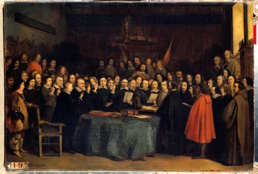 Der Westfälische Frieden, die Vereidigung nach der Ratifizierung des Friedens zwischen den Spaniern und den Niederländern im Rathaus von Münster am 15.05.1648. Sie beendeten den Dreißigjährigen Krieg.