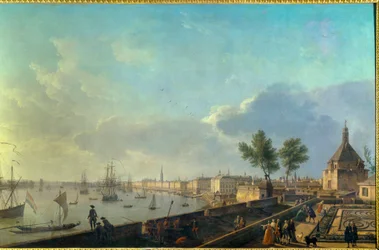 Der Hafen von Bordeaux mit den Stadtmauern, 18. Jahrhundert. Paris, Marinemuseum