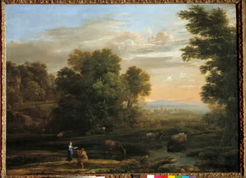 Landschaft mit Hirten, die die bukolische Szene Flageolett spielen. Gemälde von Claude Gellée, genannt der Lorrainer (1600-1682) 17. Jahrhundert. Private Sammlung