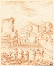 Tänzer und Musiker vor Dorf mit Ruinenturm