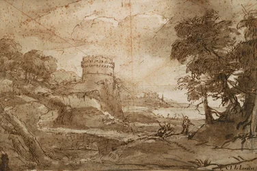 Landschaft mit Rundturm und Bucht