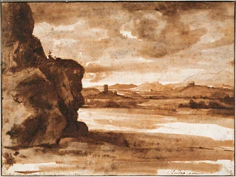 Tiberlandschaft nördlich von Rom mit dunklem wolkigem Himmel (ca. 1630-1640)
