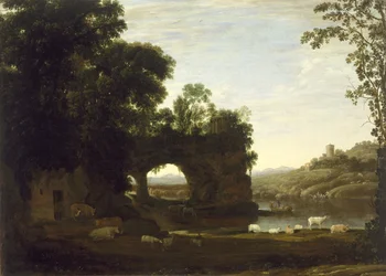 Landschaft mit Felsbogen und Fluss