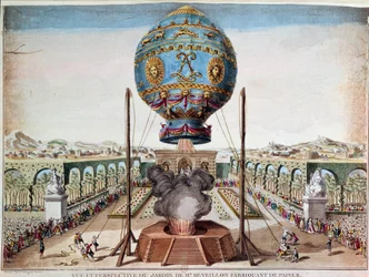 Experiment der Brüder Montgolfier am 19. Oktober 1783 im Garten von Monsieur Réveillon, Faubourg Saint-Antoine in Paris. Kupferstich von Claude Louis Desrais (1746-1816)