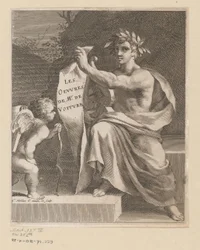 Apollo und ein Amor. Les Oeuvres de Mr. de Voiture (Titel auf dem Objekt). Titelblatt für: Vincent de Voiture, Les Oeuvres de Vincent de Voiture, 1650