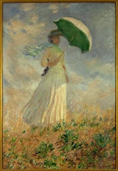 Frau mit Sonnenschirm nach rechts gewandt