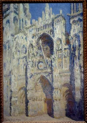 Die Kathedrale von Rouen, das Portal und der Turm Saint Romain, volles Sonnenlicht, Harmonie in Blau und Gold