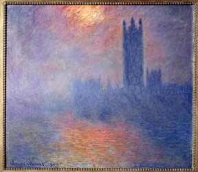 Das Parlament in London, mit der Sonne, die durch den Nebel bricht