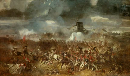 Napoleonische Kriege: „Ansicht der Schlacht bei Waterloo am 18/06/1815“, 1852, Maße 1,1 x 1,93 m.
