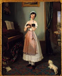 Ein junges Mädchen in einem bürgerlichen Interieur mit zwei Hunden