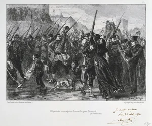 Deutsch-Französischer Krieg 1870-1871: Schlacht bei Buzenval (Mont Valérien) nahe Versailles, 19. Januar 1871. Die Nationalgarde marschiert in die Schlacht und Niederlage. Aus einer Lithografieserie von Clément-Auguste Andrieux über die Nationalgarden.