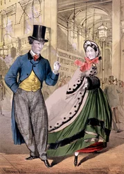 Eine Dame und ein Herr am Eingang zur Oxford Music Hall, Oxford St, Westminster, ca. 1860