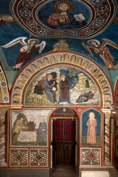 Verschiedene Episoden aus dem Leben des Heiligen Benedikt: im Zentrum „Das Wunder des Heiligen Placidus“. Benedikt von Nursia rettet dank des Eingreifens seines ersten Jüngers Maurus den jungen Placidus, der in den Strom eines Sees geraten ist. Unten das W