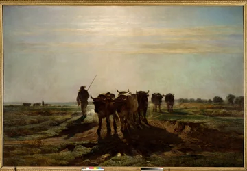 Die Ochsen auf dem Weg zum Pflügen, Morgeneffekt, 1855. 2,6 x 4 m, Paris, Musée d’Orsay.