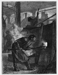 Puddleur bei seiner Arbeit in einer Fabrik in Jumet (Charleroi). Gravur von Constant Meunier, zur Illustration der Geschichte „Belgien“ von Camille Lemonnier