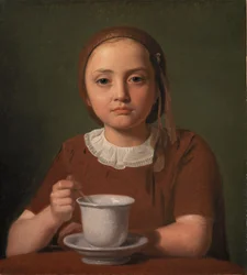 Porträt eines kleinen Mädchens, Elise Købke, mit einer Tasse vor sich, 1850