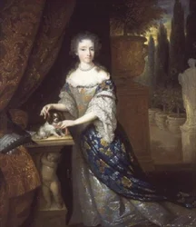Porträt einer Dame mit einem Schoßhund auf einem Sockel sitzend, ca. 1690