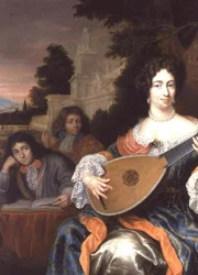 Eine Frau spielt Laute, mit ihren zwei Söhnen hinter ihr