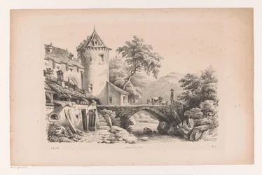 Häuser und Brücke in Berglandschaft