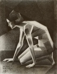 Geometrische kauernde Frau