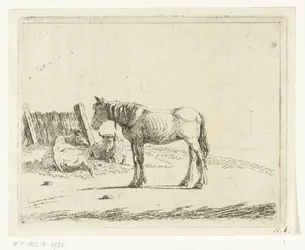 Landschaft mit Pferd und zwei Kühen am Zaun