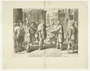 Karl V. lässt ein Kloster bauen, 1555, Nr. 8. Szenen aus dem Leben Karls V. (Serientitel). Das Leben Kaiser Karls V. in sehr schönen Kupferstichen, gestochen nach den Zeichnungen des berühmten A. Tempeste von zwei der geschicktesten Meister, J. de Gein