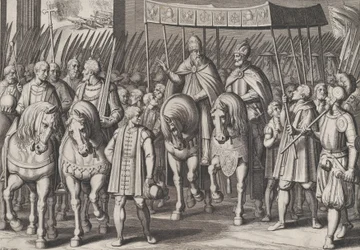 Tafel 3: Karl V. gekrönter Kaiser, der mit dem Papst in Rom einzieht, aus den Triumphen von Karl..., 1614