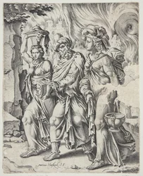 Lot und seine Töchter verlassen das brennende Sodom