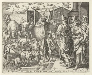 Noah geht mit seiner Familie und den Tieren an Bord der Arche