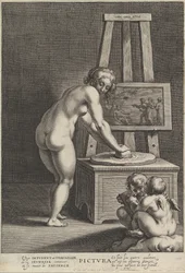 Pictura: Allegorie der Malerei, mit einer nackten Frau in der Mitte, die Pigmente mahlt, ca. 1610-50
